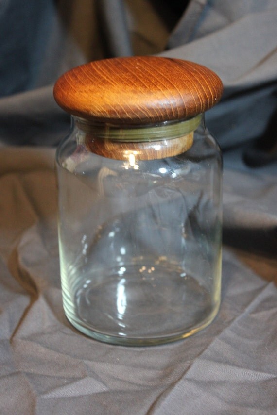 Large Vintage Glass Jar with Teak Wood Lid Mid Century Modern