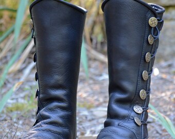 Black Leather Boots - Custom Leather Moccasins - Renaissance Boots - Knee High Boots - Fantasy Boots - Victorian Boots - Custom Fit Boots