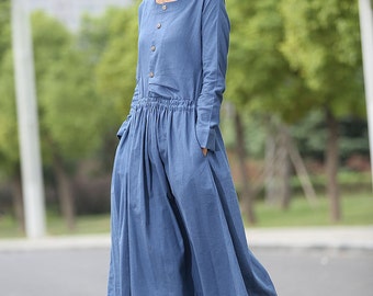 Linen Pinafore Dress Blue Long Suspender Dress and by YL1dress