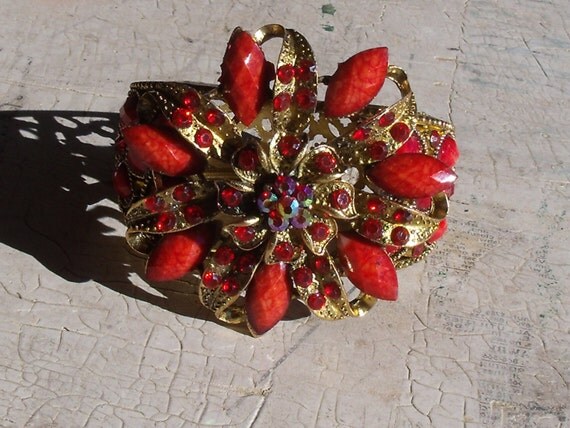 Collectible 1970s Hinged Brass Colored Filigree Bracelet With Red Stones And Floral Motif Unmarked