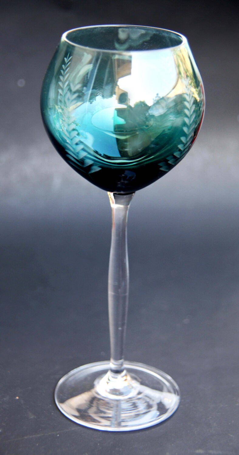 Teal Cut Colored Crystal Stemmed Wine Glass Fern Motif Carved