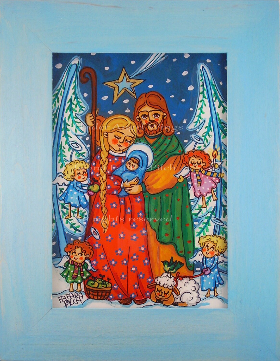 The Holy Family with the little angels folk art glass painting Christmas nativity creche crib child Mother God Joseph Virgin Mary winter