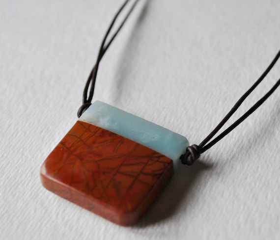 Men's Amazonite and Red Creek Jasper Pendant on black leather cord necklace simple, boho, minimalist, geekery