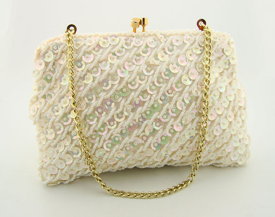 Vintage white beaded bag White evening bag Small white bag