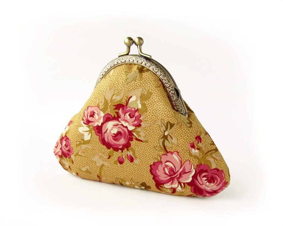 Yellow Floral Coin Purse with Roses Gold yellow purse