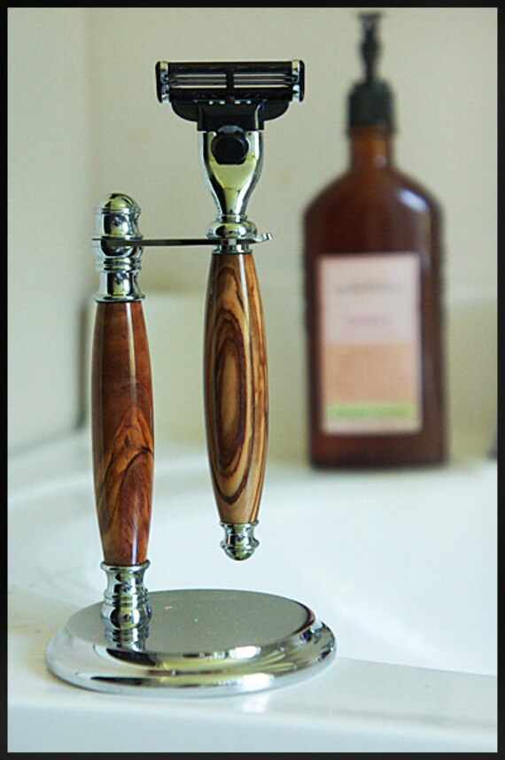 Shaving Kit Hand Turned Razor in Olive Wood Wooden Razor