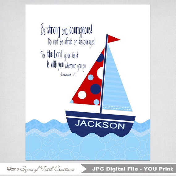 Sailboat PRINTABLE Wall Art personalized with child's name &amp; Bible 