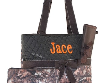 Monogrammed Quilted 3 Piece Camo Woods Brown Trim Personalized Diaper Bags Dads | Infants | Baby | Babies | Childs | Boys | Girls Diaper Bag