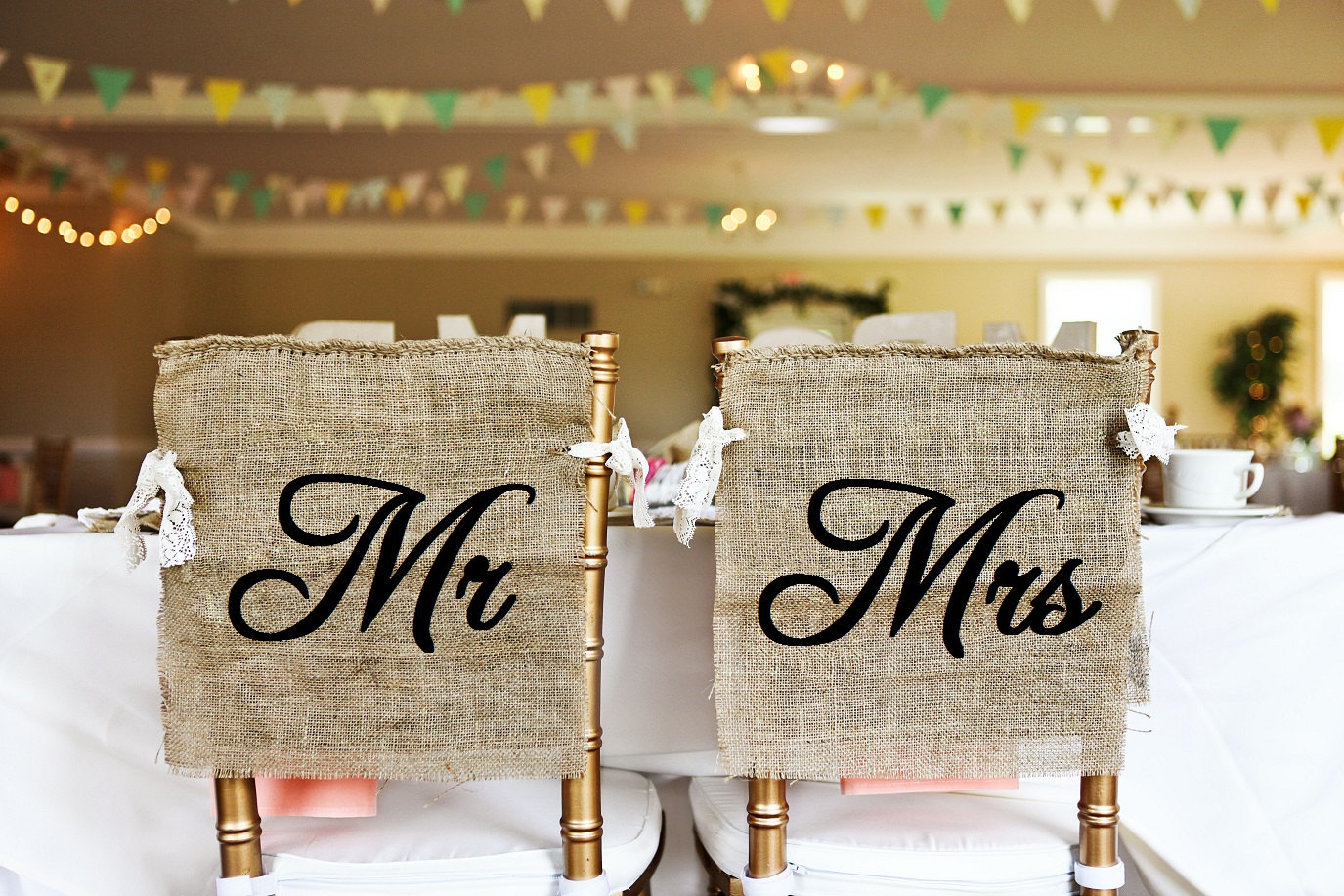 Rustic Burlap And Lace Mr And Mrs Wedding Chair Cover Signs 1206