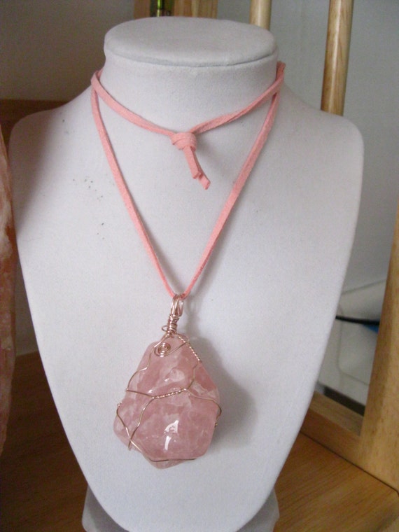Handmade necklace for your Valentine made with a very large piece of rose quartz, pink craftwire wrap and pink leather lace