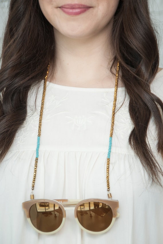 croakies beaded sunglass chain gold with teal by bijouxbeautique