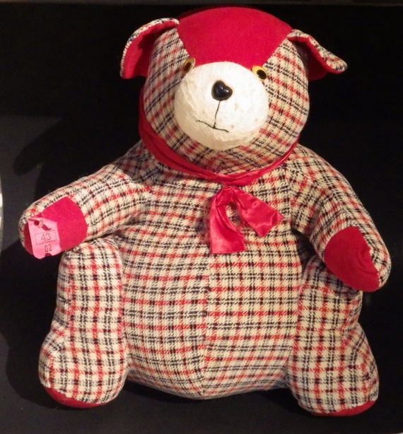 Cutest Vintage Red Corduroy Plaid Teddy Bear Plush Handcrafted