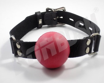 Red Silicone Ball Gag - NOT FROM RUBBER - 2' inches / 50mm" Mouth Plug - Genuine Leather, Mature