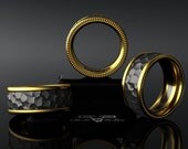 Hammered 14kt European Yellow Gold, Black Silver Wedding Band Mens Ring. Granulated Luxury Weight Comfort Fit. Contemporary Luxe Rustic!