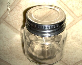 small Round clear Glass BABY Food JAR w/ polished Metal Lid 2 1/2" tall x 2 1/8 diameter Food Storage Canister
