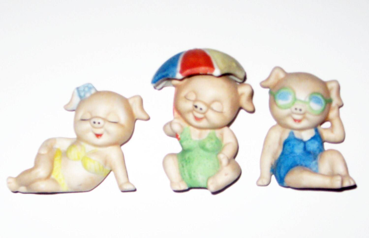 Vintage Pig in Bathing Suit Trio Bathing Beauties Swine in