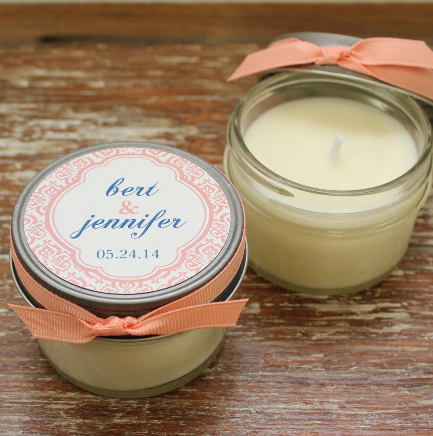 Set of 12 4 oz Soy Candle Wedding Favors Damask Label