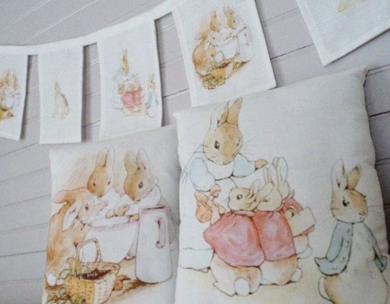 3pc SET Beatrix Potter Peter Rabbit Benjamin Bunny Pennant Banner 5' Bunting & Pillows Baby Room Easter Spring Decor