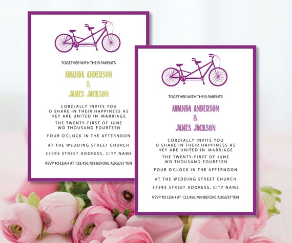 Printable Tandem Bicycle Wedding Invitation Template Editable (Fonts ...