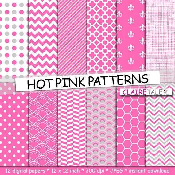 Pink digital paper: HOT PINK PATTERNS with chevron by ClaireTALE