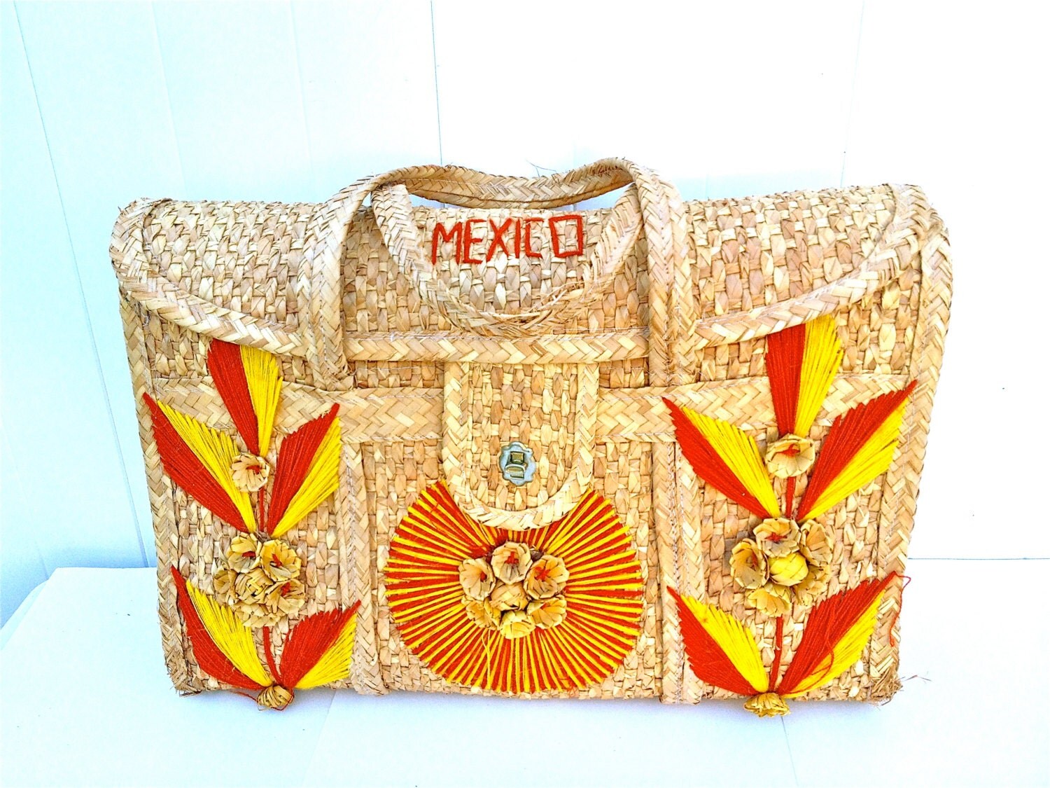 Vintage 1960s Large Straw Mexico Tote Bag Satchel with Red