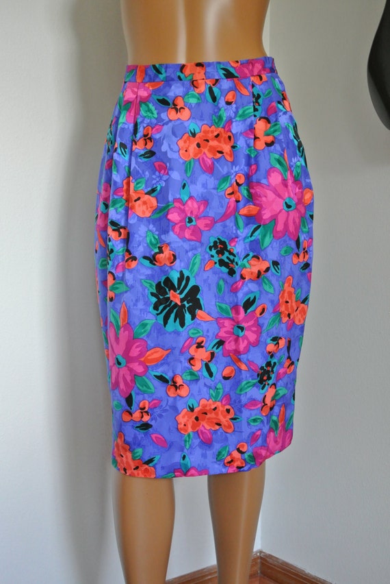 1990s High Waisted Skirt Silk Floral Skirt Pencil Skirt