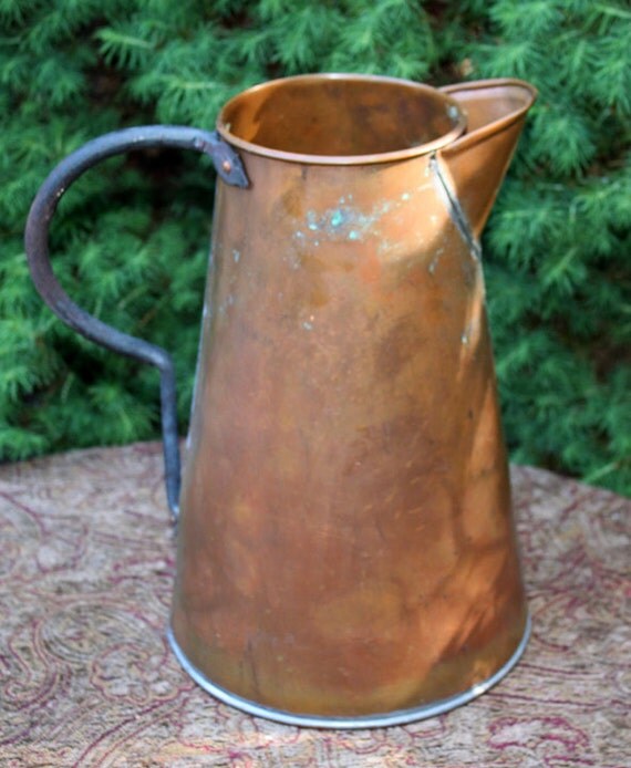 Antique Copper Pitcher with Wrought Iron Handle. Copper Water