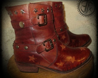 Custom Designed Oxide Rock Red Brown Distressed Rust Real Leather Spike Star Studded Buckle Cowboy / Biker Ankle Boots with Drip Paint Job.