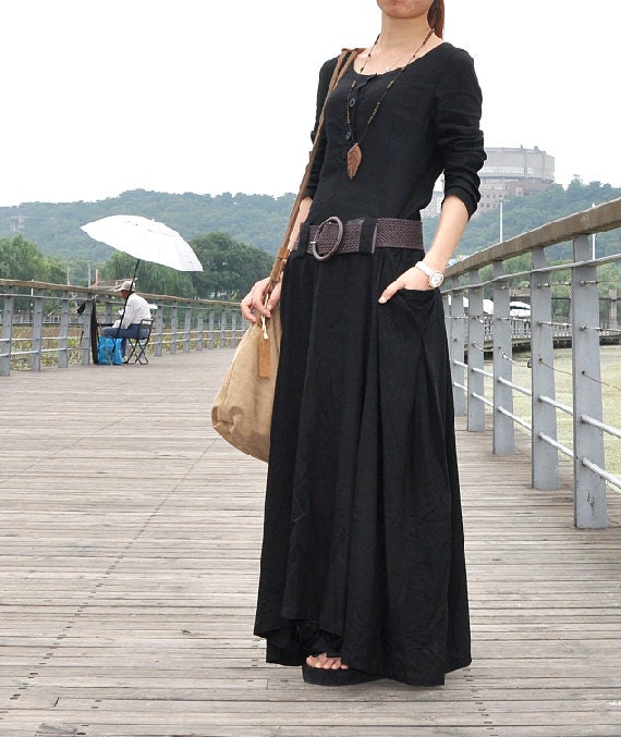 Black linen dress full length maxi dress big sweep plus size