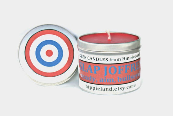 Slap Joffrey Scented Soy Tin Candle 4oz. Soy Candle. Geekery. Geek Candles. Game of Thrones, Scented Candle, Tin Candles. Soy Tin Candles.