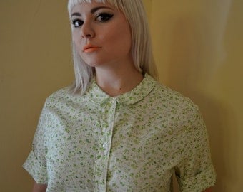 Ditzy Green Floral Button Up with Peter Pan Collar