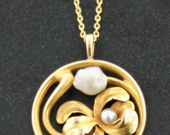 Arts  Crafts Movement Pearl Pendant in 14k Gold circa 1900 RePurposed