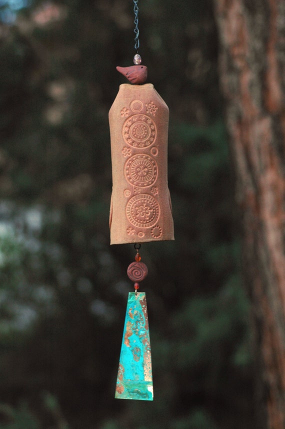 Clay Wind Chime IN STOCK! Garden Bell with Circle Pattern, Patina Copper Bell and Bird Accent, Rustic Garden Decor