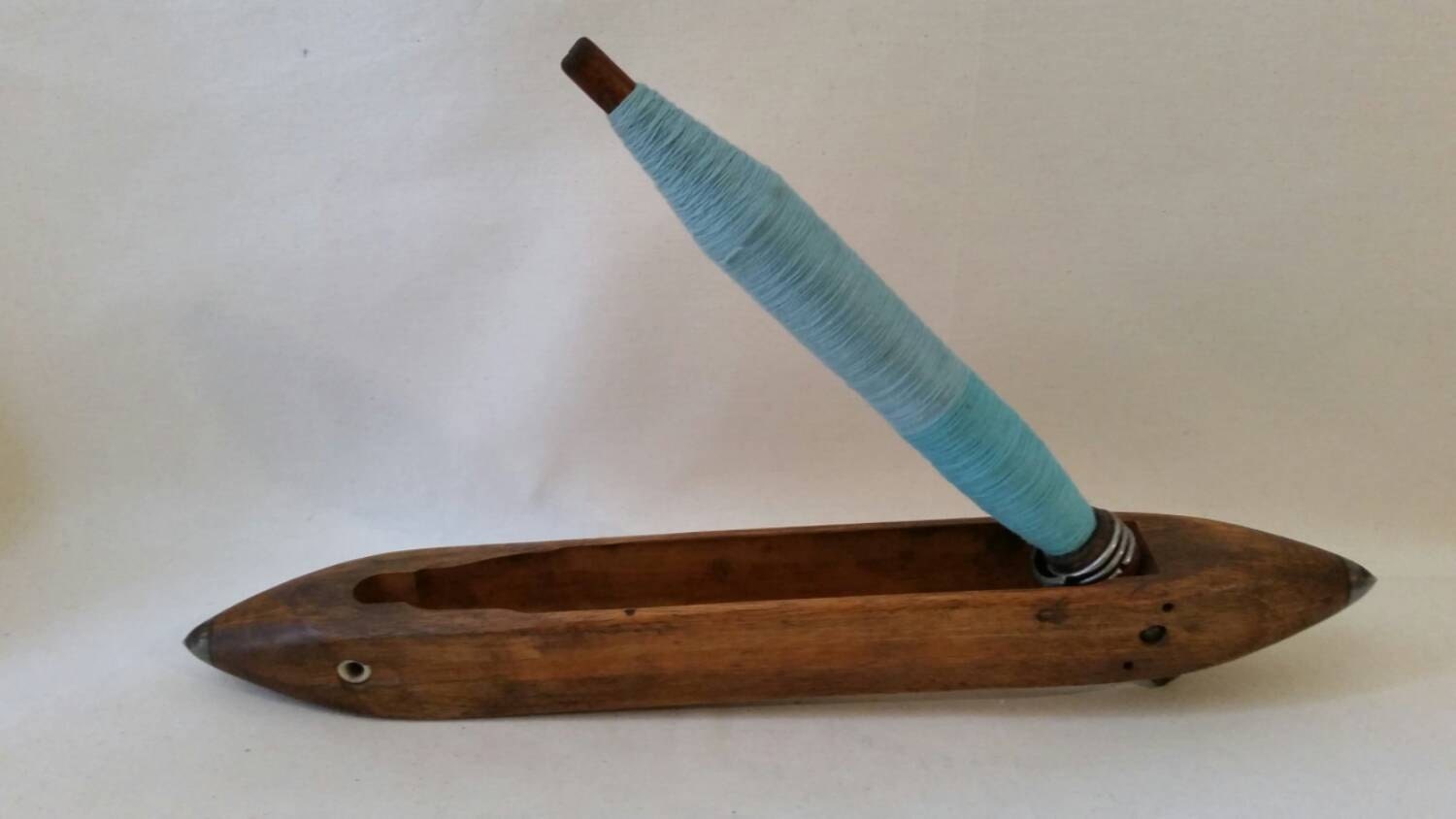 Vintage Wooden Boat Shuttle Weaving Loom Textile Bobbin Blue
