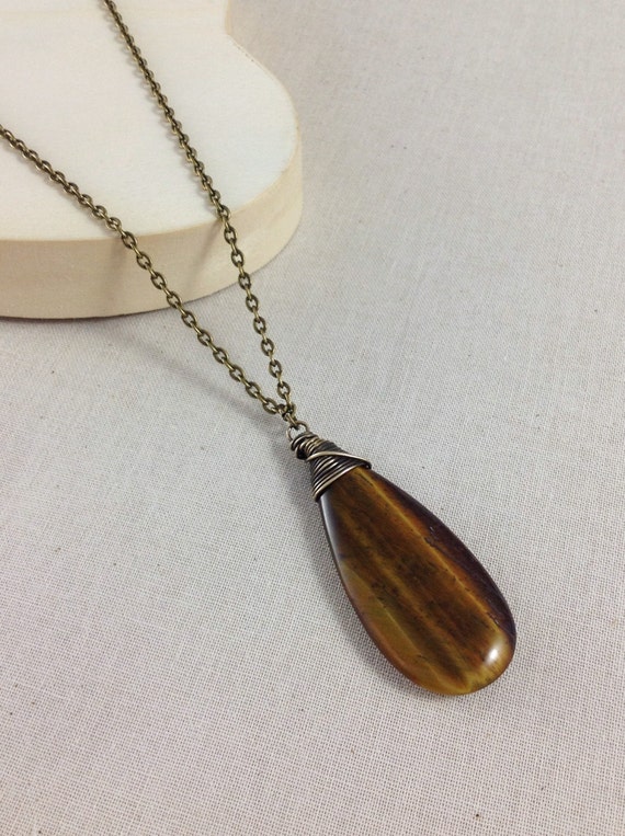 Long Tiger's Eye Necklace Large Gemstone Pendant by GemsByKelley