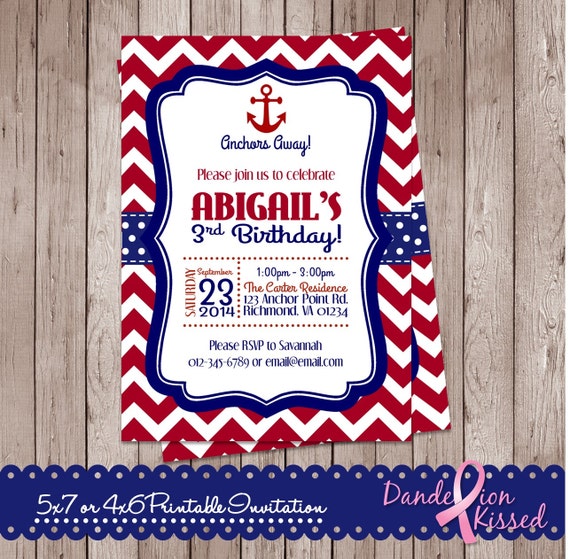 Red Blue Chevron Nautical Anchor Happy Birthday Digital Printable Invitation DIY Personalized Custom