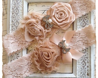 Bridal Garter, Blush Lace Bridal Garter Set, Lace Garter Set, Lace Wedding Garter Set - Blush Lace, White and Blush Pink Flowers