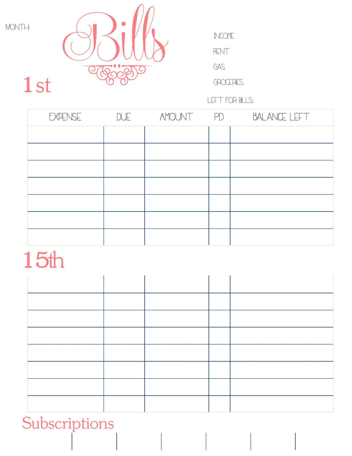 Related Keywords & Suggestions for monthly bill organizer printable
