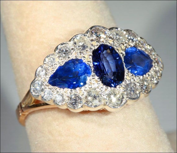 Vintage Sapphire and Diamond Unusual Cluster Ring 18k and