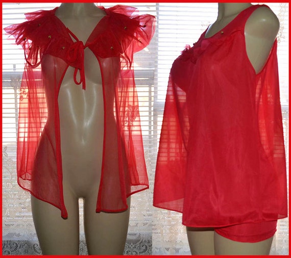 XS Vtg Red BabyDoll Nightgown Short Nightie & Panty Bloomers