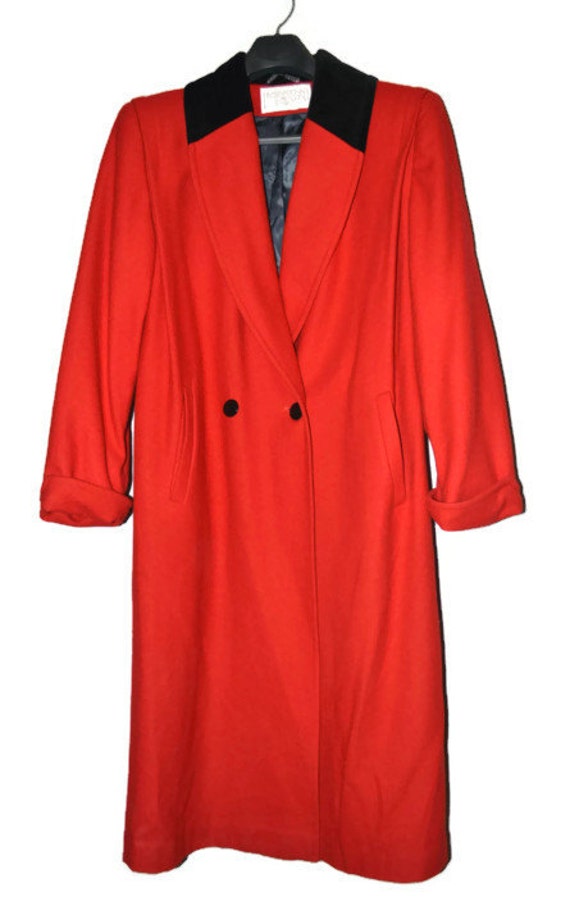 SALE 90's Vintage Full Length Red Wool Coat/ Black Velvet