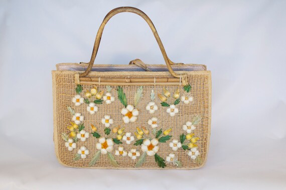 Items similar to Vintage 60s Straw Tote Bag w Floral Details Bamboo ...