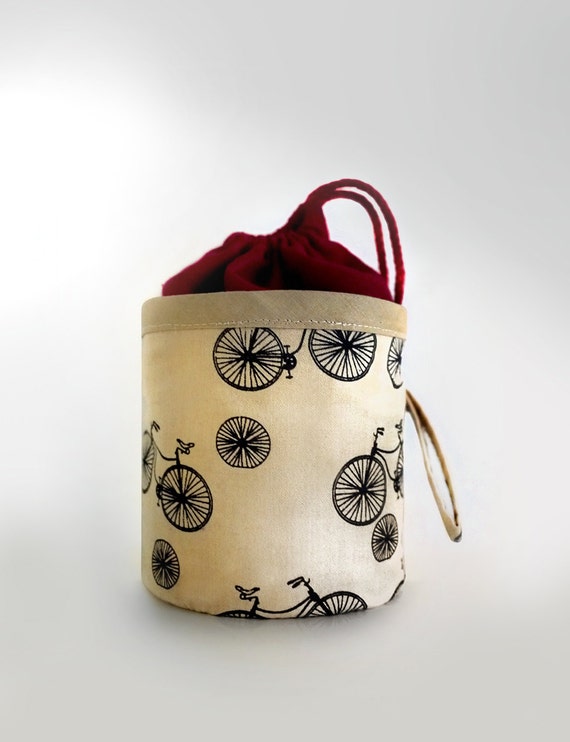Bike pattern. MINI Bucket Bag. Drawstring tote. Home by HaloDeLune