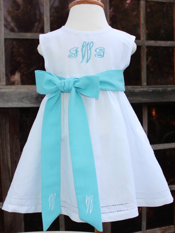 Girls White Linen Dress with Linen Sash and Monogram