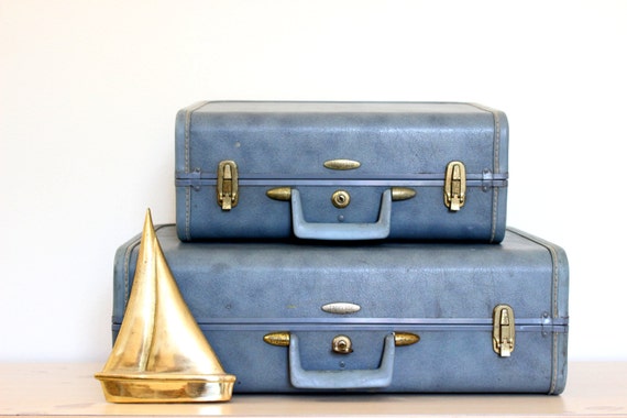 Vintage Blue Luggage Set Samsonite Taperlite Marbled with Key Mid Century Tapered Hard Shell Suitcase Lavender Lining Brass Hardware