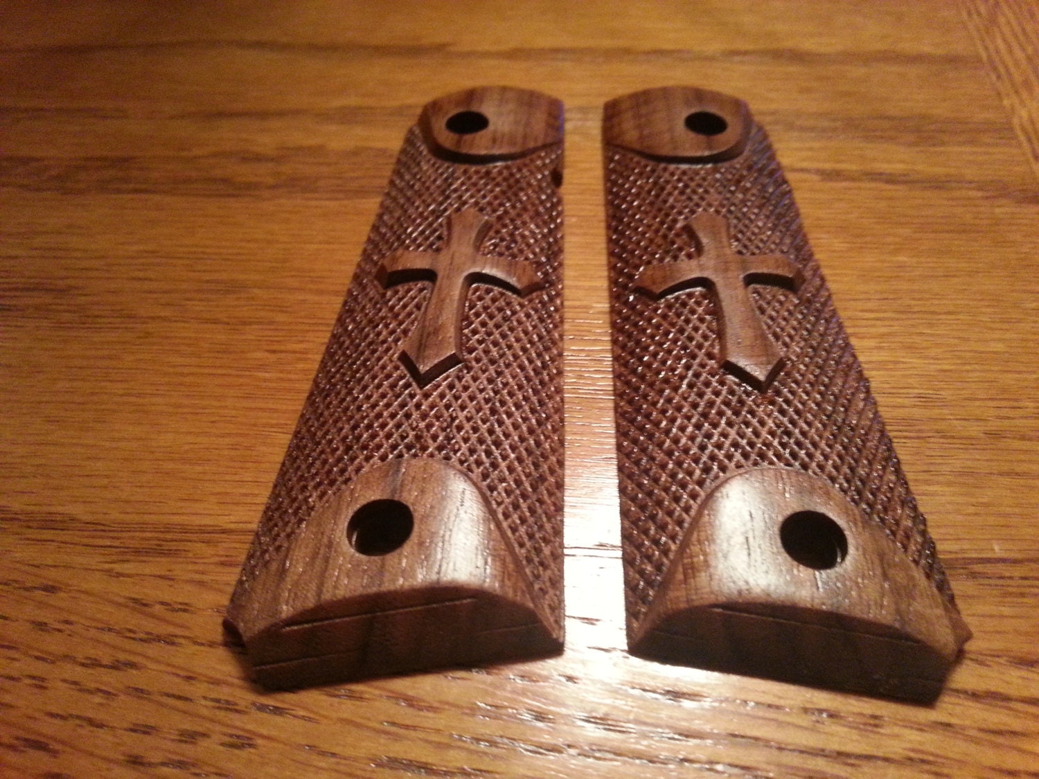Full Size 1911 Walnut Grips with Engraved Cross