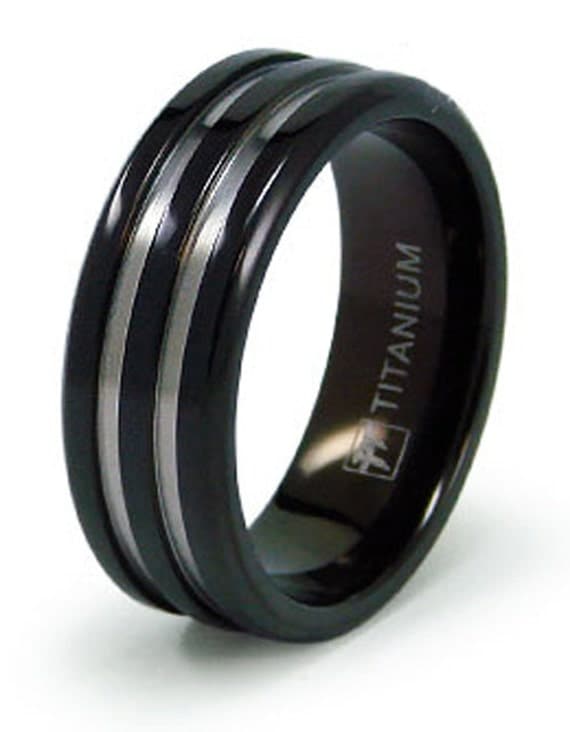 Titanium Ring Size 9 Wedding Band Black Double Groove Inlay