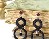 Bridal Earrings , Black Crochet Earrings , Circles cotton Black drop earrings , crochet jewelry , Wedding Jewelry  By Talila