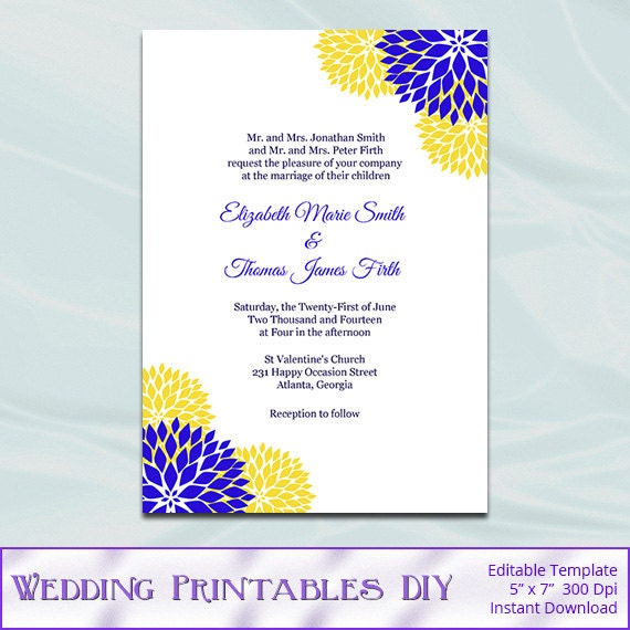 Royal Blue and Yellow Wedding Invitation Template Printable