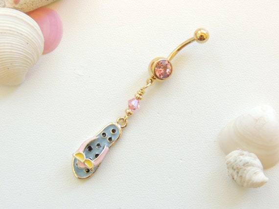 Pink Gold Flip Flop Belly Button Ring, Navel Piercing, 14g Curved ...